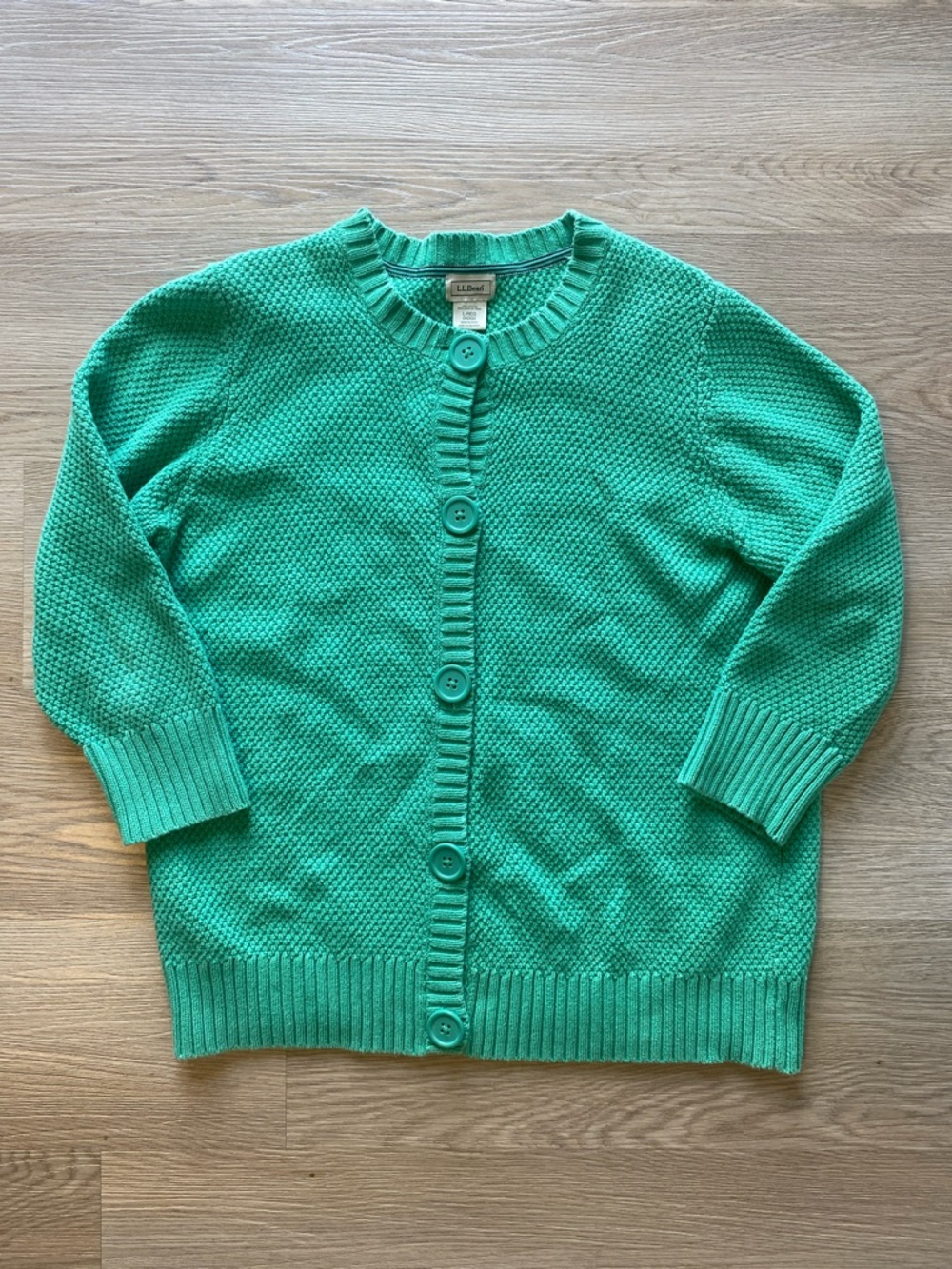 L.L.Bean Green Cotton Cardigan Sweater Large Textured Button Front Preppy